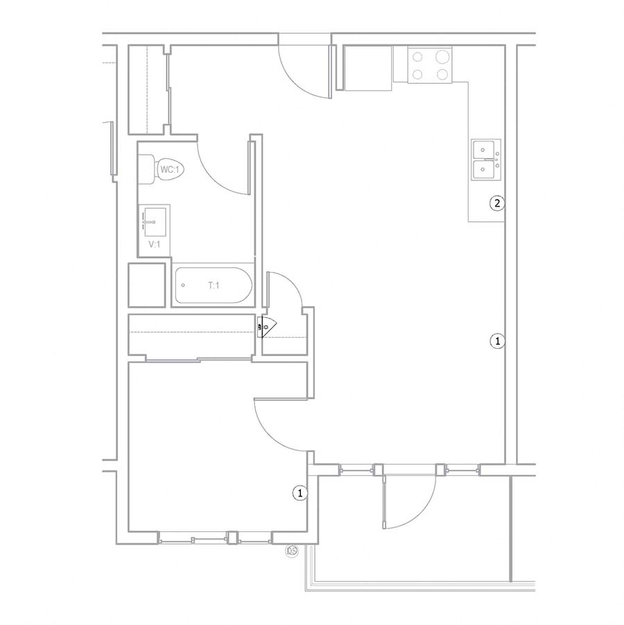 Floor plan for 1 bed, 1 bath